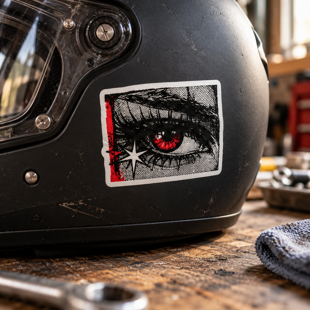 Red Eye sticker applied to a helmet